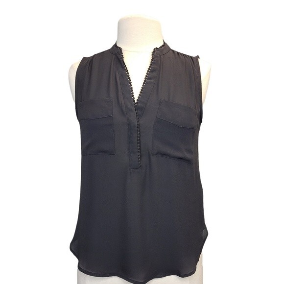 H&M Sheer Black V-neck Sleeveless High Low Top with Pockets Sz 8 - Picture 1 of 13